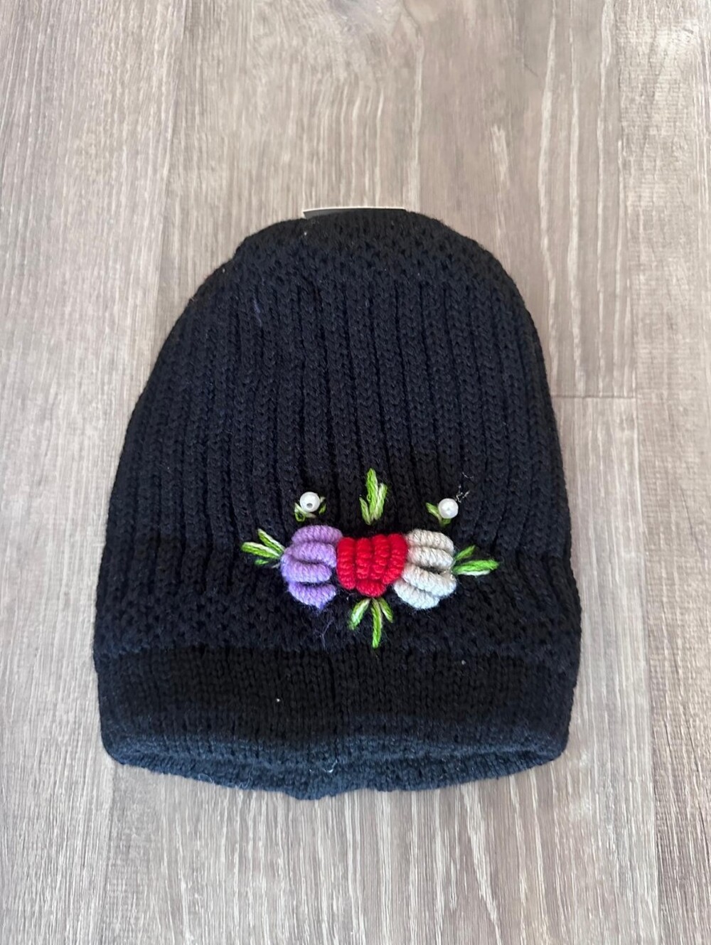 Kids Black Knit Beanie with Floral Embroidery